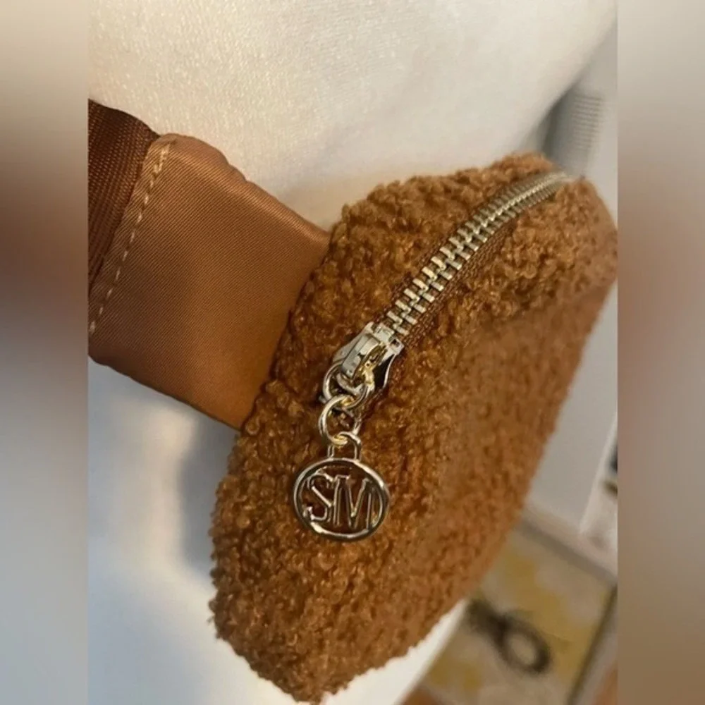 Steve Madden Teddy Sherpa Belt Bag Fanny Pack Brown SM Logo Adjustable Strap